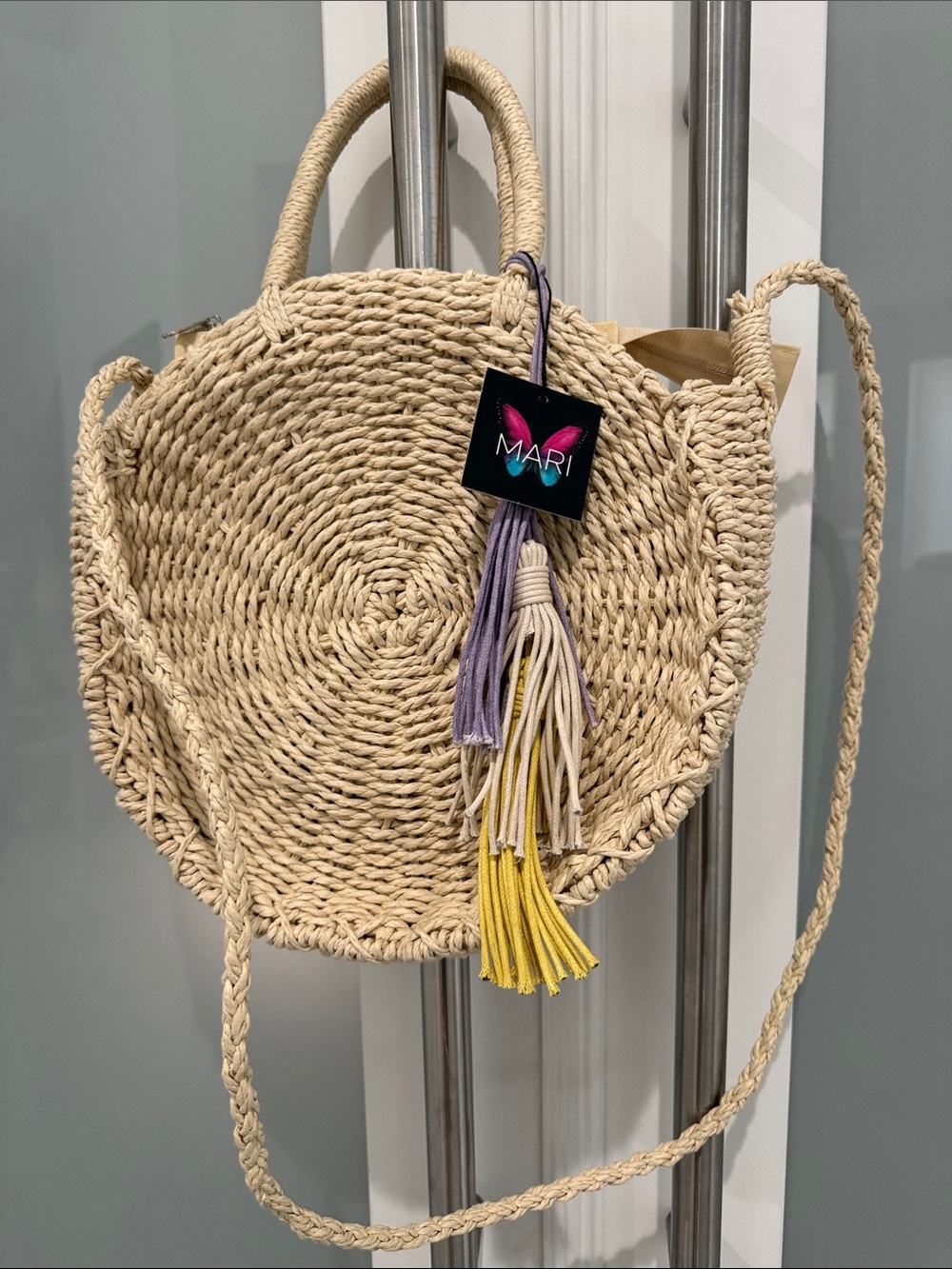 Natural Straw Round Tote with Lavender, Cream & Yellow Tassel